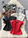 Yipinpay Strapless PU Leather Mini Tops for Women Chic Backless Tank with Zipper Belt Slim Design Club Fashion Sexy Camisole