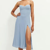 Yipinpay Women French Style Light Blue Front Slit Sling Dresses Sexy Sleeveless High Waist Female Holiday Summer Chiffon Dress