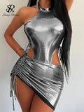 Yipinpay Halter Backless Sexy Playsuits 2024 Women Drawstring Slim Top+Mini Skirt Shiny Bodysuits Sensual Beach Two Pieces Sets