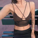 Yipinpay Women's Solid Color Short Tops  Cross Bandages Perspective Short Camisole, Sleeveless Navel Vest
