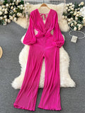 Yipinpay France Chic Women Jumpsuits Deep V Neck Long Sleeves Backless Kink Design Solid Autumn Fashion Senior Loose Rompers