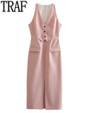 Yipinpay Pink Long Dress Women Waistcoat Midi Dress Woman Sleeveless Elegant Dresses For Women 2023 Office Formal Party Dresses
