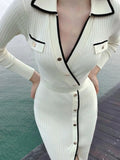 Yipinpay White Patchwork Knit Maxi Dress For Women Slim Lace-Up High Waist Split Elegant Party Dress Fashion Lapel Knitwear Dress