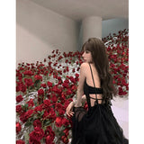 yipinpay Summer Women's Black Dress Lace Fashion Gauze Skirt Puffy Party Dress Backless Prom French Vintage Long Dresses for Women