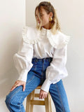 Yipinpay Big Peter Pan Collar Ruffle Womens Blouse Long Sleeve White Cotton Casual Tops Female Spring Summer Frill Shirt 2023