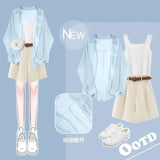 Yipinpay Women's Tracksuit Suit 2024 Summer New Casual Sunscreen Shirt Top Vest Shorts Three Piece Korean Chic Blouse Pants Matching Set