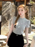 Yipinpay Summer Sweet Elegant Blouse Women Evening Party Slim Y2K Crop Top Office Lady Outwear Short Sleeve Korean Reviews Clothes