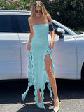 Yipinpay Ruffle Strapless Dress Summer Women Sexy Split Slim Fringe Dresses Elegant Sleeveless Backless Vacation Club Party Outfits