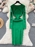 Yipinpay 2024 Autumn Knitted Chic Dress O Neck Hollow Out Long Sleeves Bows Decoration Solid Women Slim Fit Bodycon Party Dress