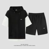 Yipinpay Men's Large Size Sports Suit Breathable Casual Wear Wild High Street Chic Fake Two-piece Casual T-shirt + Simple Shorts