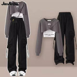 Yipinpay Women's Tracksuit Suit 2024 Autumn New Fashion Short Sweater+Strap+Cargo Pants Three Piece Korean Elegant Matching Set