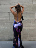 Yipinpay Women Vintage Retro Sexy Sleeveless Hanging Deep V Neck Backless Floral Print Casual Party Beachwear Maxi Long Dress