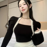 Yipinpay Sueter Mujer Vintage Cropped Black Sweaters Women Puff Sleeve Slim Pullover Short Square Sweater Top Knitwear Spring