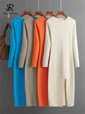 Yipinpay Autumn Skinny Knitted Dress Female O Neck Split Outerwear Fashion Korean Style Office Lady Solid Slim Sweater Dress