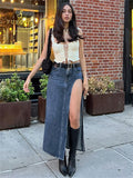 Yipinpay Waist Sexy High Split Denim Skirts Women Midi Slim Micro Long Skirt y2k Retro Blue 2023 Summer Presale Streetwear