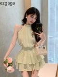 Yipinpay Two Piece Set Women Sleeveless Blouse Embroidery Lace Tank Tops Sexy Sweet Camis Ruffles Mini Skirts Female Elegant Suits