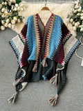 Yipinpay Bohemian Loose Cardigan Bat Cloak Tassel Design Print Fashion Knitted 2024 Autumn Retro Tour Irregular Oversize Coat