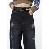 yipinpay Women Blue Jeans Stars Vintage American Fashion Streetwear Style Bottoms Wide Leg Jean Female Baggy Trouser Straight Denim Pants