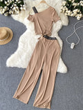 Yipinpay Vacation Casual Sports Suits Summer Off Shoulder Short Camis Tops+High Waist Wide Leg Pants Women Y2K Two Pieces Sets
