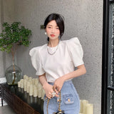 Yipinpay Right Shoulder Tee Chain O Neck Puff Short Sleeve Crop Tops Solid Color Blouse White Oversized T Shirt Cotton New Wild