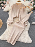 Yipinpay Winter Women Knitted Sets Fashion Breading Long Sleeve Pearl Sweater+Knitted Camis Dress Sets Fashion Sweater Suits