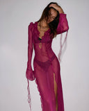 Yipinpay Fashion Women Long Dress Long Sleeve V Neck Patchwork See-Through Slit Dress For Party Beach Swimwear Cover-Ups S M L