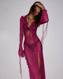 Yipinpay Fashion Women Long Dress Long Sleeve V Neck Patchwork See-Through Slit Dress For Party Beach Swimwear Cover-Ups S M L