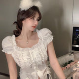 Yipinpay Vintage Kawaii Blouses Women Puff Sleeve Shirring White Shirt for Girl Summer Korean Fashion Preppy Style Sexy Crop Top