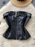 Yipinpay Strapless PU Leather Mini Tops for Women Chic Backless Tank with Zipper Belt Slim Design Club Fashion Sexy Camisole
