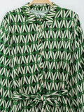 Yipinpay Green Shirt Dress Woman Geometric Print Long Dresses For Women 2023 Belt Long Sleeve Midi Dresses Woman Elegant Dress