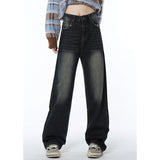 yipinpay Women Blue Jeans Vintage American Fashion Streetwear Style Bottoms Wide Leg Jean Female Baggy Trouser Straight Denim Pants