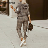 Yipinpay Women Chic Plaid Pattern Long Sleeves Zipper Hooded Pocket Ankle Length Sweatshirt Pants Sets