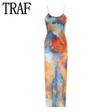 Yipinpay Tie Dye Tulle Long Dress Women Summer Slip Bodycon Dress 2023 Backless Sexy Summer Dresses Midi Evening Party Dresses