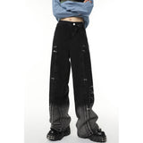 yipinpay Black High Waist Women Jeans Gradient American Fashion Streetwear Wide Leg Trouser Female Baggy Irregular Denim Pants