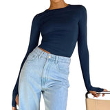 Yipinpay Women T-shirt Crop Tops Harajuku Spring Fall Clothes Long Sleeve Crew Neck Solid Slim Ladies Top Thumb Holes for Daily Street