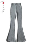 Yipinpay Solid Knitted High Waist Flare Pants For Women Ribbed Casual Leggings Female Stretchy Bodycon Trousers Fashion Streetwear