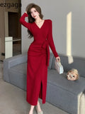 Yipinpay Sexy Dresses Women French Style Chic Bandage Elegant Slim Split V Neck Solid Vintage Dress Autumn Winter Ladies Basic