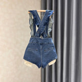 Yipinpay Size Denim Strap Shorts Women's Summer High Waisted A-line Jumpsuit Pants Sweet Ruffled Edge Short Jeans Size S-5XL