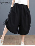 Yipinpay Summer Cotton Linen Oversized Loose Women's Pants Bloomers Wide-leg Pants Flares Elastic Waist Ladies Cropped Skirt Pants