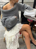 Yipinpay Off-Shoulder Solid Knit Sweater Women Casual Loose Long Sleeve Patchwork Oversized Sweater Slim Fashion Pullover Female