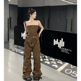 yipinpay Women Brown Casual Pants Vest Sleeveless Vintage Fashion Straight American Wide Leg Pants Female 2023 Summer Solid Trouser