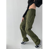 yipinpay Woman Cargo Pants High Waist Vintage Straight Trouser America Streetwear Harajuku Grey Casual Drawstring Cargo Sweat Pants