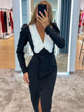 Yipinpay Elegant Fashion Autumn Maxi Dress Female Patchwork V-Neck Contrast Slim High Split Party Dress Gown Sexy Ladies Dress 2024