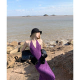 yipinpay Purple Hanging Neck Dress Women Backless Dress Sleeveless Sexy Korean Fashion Suspender Beach Style Long Slit Skirt Dress