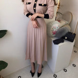 Yipinpay O Neck Chic Button High Waist Pink Sweater Dress Bodycon Pleated Women Knit Dress Vestidos 2023 Elegant Clothes Dresses