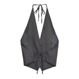 Yipinpay New 2024 Women Sexy Backless Halter V Neck Striped Vest Female Fashion Waistcoat Chic Crop Top