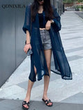 Yipinpay Summer Mid-length Women's Shirts and Blouses Fashion Sunscreen Clothing Thin Cardigan Chiffon Beach Top Oversized Shirts