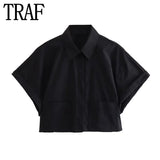 Yipinpay Black Crop Top Women Short Sleeve Cropped Shirt Woman Fashion Loose Summer Blouses For Women 2023 Collared Button Up Shirt