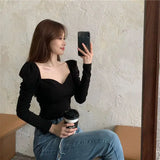 Yipinpay Sexy Black T Shirts Women Tshirts Square Collar Puff Long Sleeve Retro Tees Slim Tops 2023 Shirts for Women Ropa Mujer