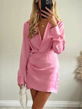 Yipinpay Pink Satin Dress Woman Wrap Short Dresses For Women 2023 Long Sleeve Mini White Dress Lady Fashion Elegant Party Dresses
